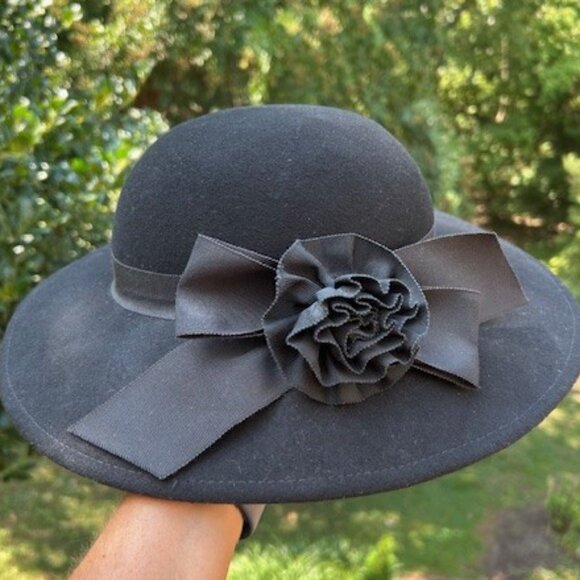 LIZ CLAIBORNE Black 100% Wool Felt Wide Brim HAT main image 5